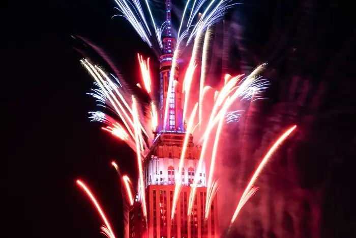 Fireworks explode from the top of the Empire State Building on July 4th, 2020.